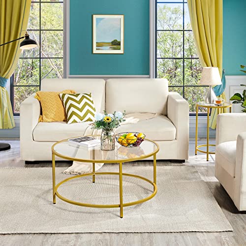 Yaheetech 36In Round Glass-Top Coffee Table,Mustard Gold Modern Accent Side Round Coffee Table W/Protective Foot Pads, Metal Structure Glass Coffee Table For Living Room,Dining, Apartment,Small Space #TOP1