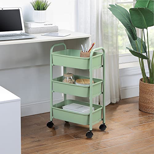 サニーポイント キッチンワゴン スリム 3段ラック ミニコンパクト バスケットトローリー キャスター付き 小物 収納ワゴン オフィス キッチン 隙間 デスク下 洗濯室 収納 プラスチックポックス 軽量タイプ (39*27*68.6cm) (3段, 緑) [3]