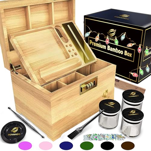 Image of Premium Large Bamboo Storage Box with Removable Organizer Tray & Glass Jars
