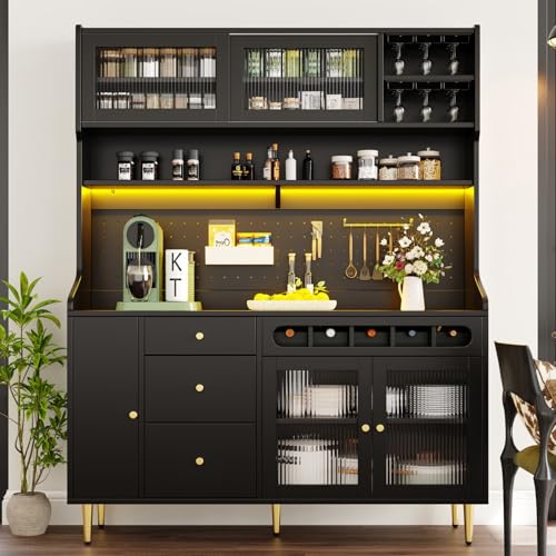 KOMHTOM Armoire de Cuisine, Armoire de Salle à Manger, Buffet, Dispositif Anti-basculement, avec éclairage LED, Porte Coulissante en Verre et 2 Tiroirs de...