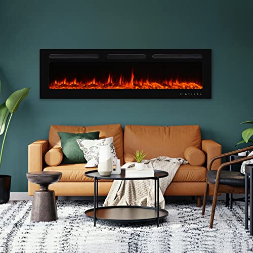 BETELNUT 60\" Electric Fireplace Wall Mounted and Recessed with Remote Control, 750/1500W Ultra-Thin Wall Fireplace Heater W/ Timer Adjustable Flame Color and Brightness, Log Set & Crystal Options - Thumbnail 2
