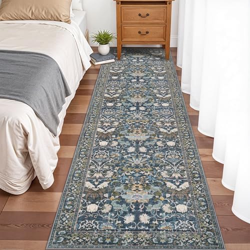 Washable 2x8 Hallway Runner Rug: Vintage Water-Resistant Kitchen Entryway Rug Ultra Soft Living Room Bedroom Carpet Non Slip Indoor Low Pile Floor Mat for Bathroom Dining Room(2x8,Floral/Blue)
