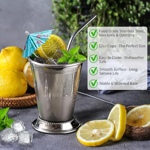 12 Sets Mint Julep Cups Silver with Straws 12 oz Stainless Steel Drinking Cups Beaded Mint Julep Cups Metal Cocktail Glasses with Straws and Drink Picks for Mint Julep Cocktails Beer Juice Beverage