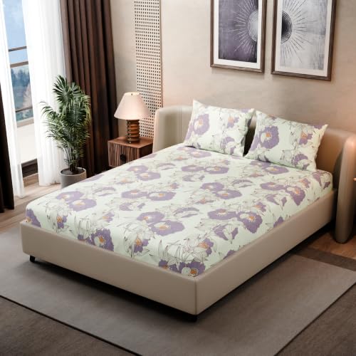 Image of BLISSHOME SoftTouch 140TC Cotton King Size Fitted Bedsheet with 2 Pillow Covers, Silky Smooth Bedding Set, Breathable, Easy Maintain, Floral Print - White, Pink (182cm x 198cm x 25cm Drop)