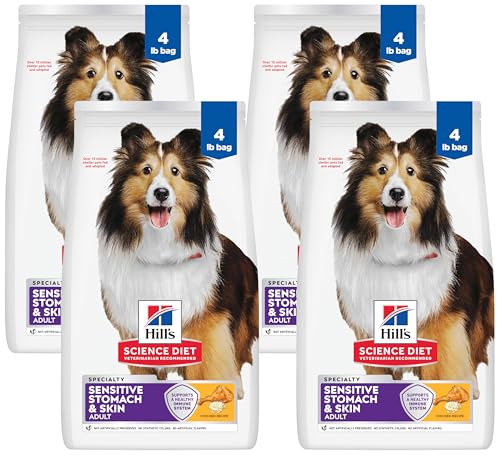 Hill's Science Diet Sensitive Stomach & Skin, Adult 1-6, Stomach & Skin Sensitivity Support, Dry Dog Food, Chicken Recipe, 4 lb Bag (Pack of 4)