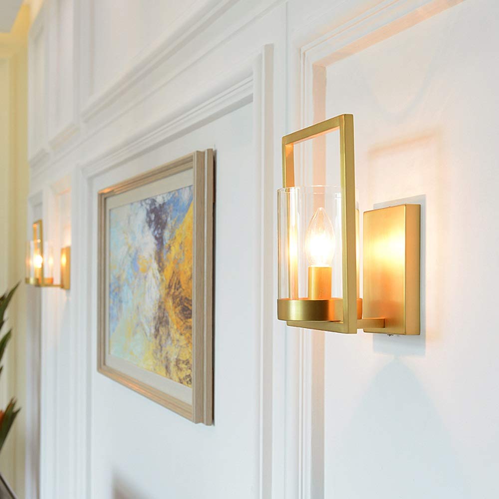 Aplique de pared europeo, moderno, simple, totalmente de cobre, aplique de pared en el hogar, pantalla de vidrio, lámpara de pared, soporte de lámpara E14, iluminación de pared utilizada compatible