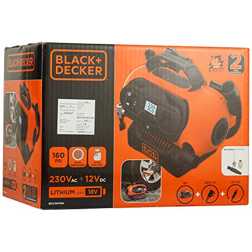 BLACK+DECKER ASI400-XJ Gonfleur-compresseur filaire - 11 bars - 160 PSI - Alimentation allume cigare - 3 aiguilles/embouts, Orange