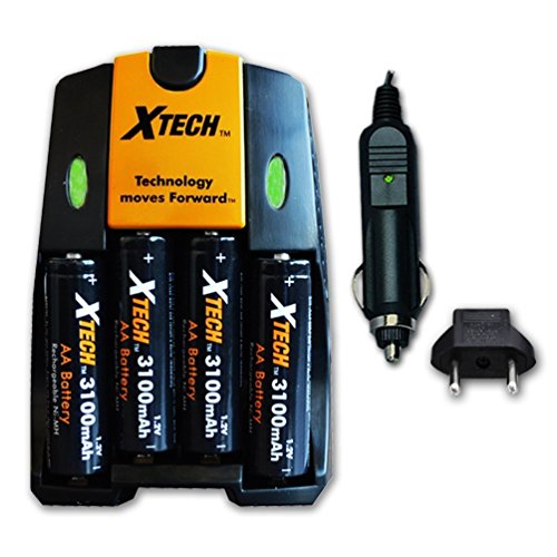 Xtech High Speed AC/DC Charger plus 4 AA NiMH 3100mAh High Capacity Rechargeable Batteries for Canon Powershot SX160 IS, SX150 IS, SX130 IS, SX120 IS, SX110 IS, SX100 IS, SX20 IS, SX10 IS, SX5 IS, SX3 IS, SX2 IS, SX1 IS, A720 IS, A710 IS, A2100 IS, A