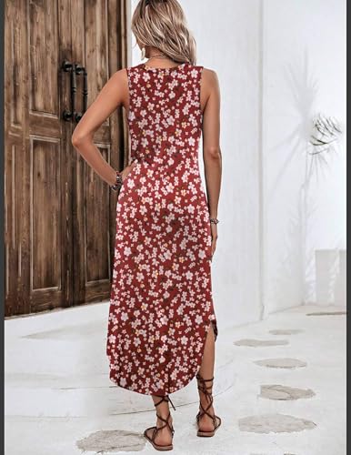 Image of Zeagoo Women Floral Summer Casual Beach Printed Tank Dress with Pockets Pleated Front Long Dress