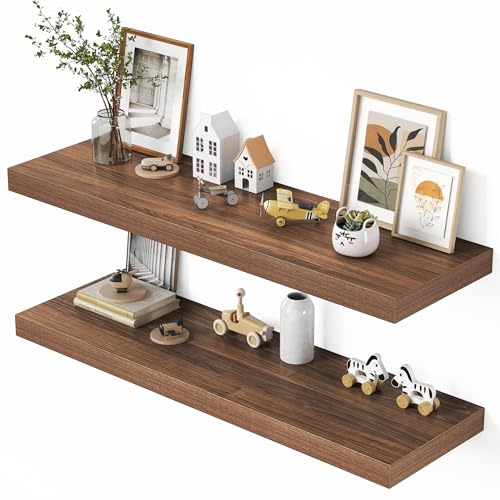 Image of Dreamland 40 inch Floating Shelves for Wall, 12 inch Deep Thicker Walnut Floating Shelves, Wall-Mounted Shelves for Bedroom, Living Room, Kitchen, Bathroom - Set of 2