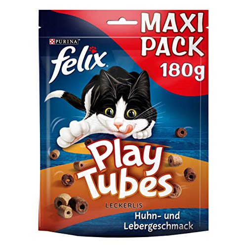Felix Play Tubes Katzensnack, Leckerli zum Spielen, mit Huhn- und Lebergeschmack, 5er Pack (5 x 180g)