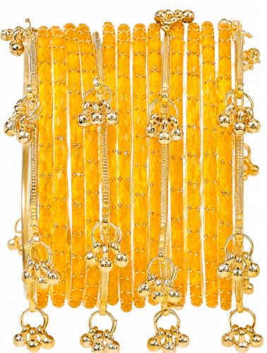 Image of JPS 16 Pcs Trendy Stylish Glass & Kashmiri Ghungroo Bangles Set for Women & Girls | Gold-Plated Traditional Festive Wedding Party Jewellery Chudi Set (12 Glass + 4 Metal)