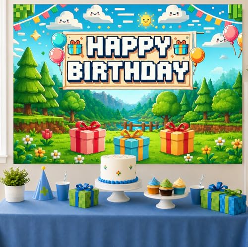 Image of Happy Birthday Banner Boy 5x3ft Birthday Sign Village Gaming Birthday Party Decorations Videogame Themed Banner Video Game Decorations Video Game Happy Birthday Backdrop for Boys