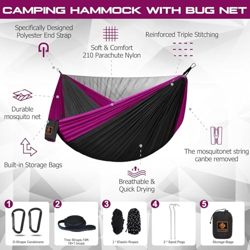 Image of Camping Hammock, Portable Hammocks with Mosquito Net,Lightweight Nylon Parachute Hammock with 10ft Tree Straps,Camping Gear Must Haves for Travel Hiking Backpacking Beach Patio-Black&Pink