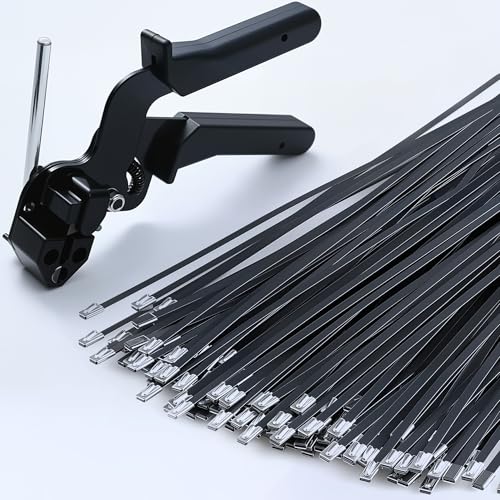 Balabulala Black Metal Zip Ties with Stainless Steel Cable Tie Gun for Fastening and Cutting Metal Cable Ties with 100pcs 11.8inch Uv Resistant Steel Zip Ties for Chain Link Fence Exhaust Pipe