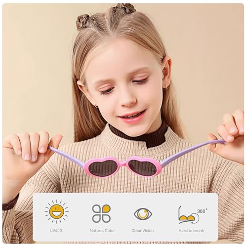 Kursan Kids Heart Shaped Polarized Sunglasses for Girls Boys, Flexible TPEE Rubber Frame Suitable for Children Age 3-82
