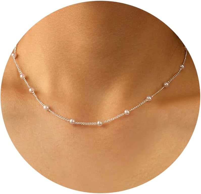 Dainty Pearl Necklaces for Women 14K Gold/Silver Plated Cute Single Pearl Necklace Elegant Small Tiny Pearl Choker Thin Chain Necklace Simple White Pearl Drop Y Long Necklace Freshwater Pearled Pendant Necklace Pearls Jewelry Gift