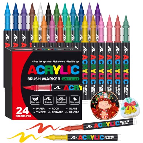 Image of Acrylic Paint Markers, Soft Brush Tip Pens and Markers, Acrylic Paint Pens for Wood, Stone, Canvas, Glass, Fabric, Egg, Rock Painting and DIY Craft Art Supplies (24)