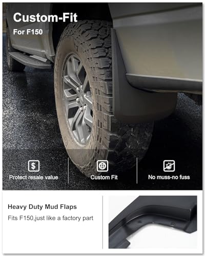 Image of Kiwi Master Mud Flaps for 2021-2026 Ford F-150 (Without Fender Flares), OEM Replacement # ML3Z-16A550-AA, ML3Z-16A550-BA, Heavy Duty Mud Guards, Front & Rear Splash Guards, No Drill, 4 Pcs Set