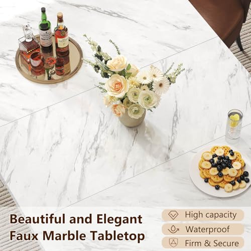 Image of HSH 63 inch White Faux Marble Dining Table for 6, Rectanguler Dining Room Table