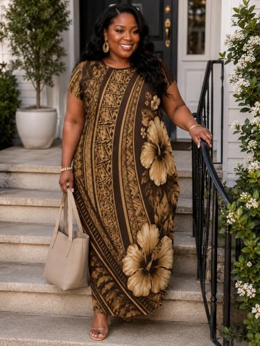Image of Plus Size Maxi Dress for Women Short Sleeve V Neck Casual Loose Sundress with Pockets