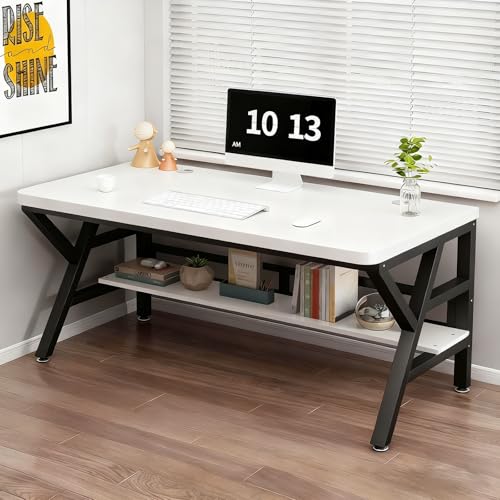 FXLKLUXE パソコンデスク ゲーミングデスク オフィスデスク 30mm厚の無垢材ボード 二重層収納 耐荷重300kg 勉強机 配線孔付き 強化クロスバー 学習机 コンパクト 傷に強く、耐湿性があり、お手入れが簡単 、在宅勤務、 省スペース(ホワイト+