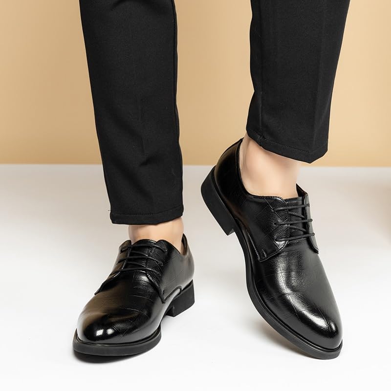 Dress Formal Shoes for Men Lace Up Pointed Toe Plaid Solid Color Faux Leather Derby Shoes Non Slip Resistant Rubber Sole Business4
