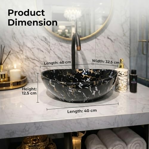Image of Ceramic Tabletop Wash Basin - Glossy Bowl Shape Countertop Vessel Sink with Marble Finish for Bathroom & Vanity | Compact 16 x 13 x 5 Inch | Elegant Washbasin