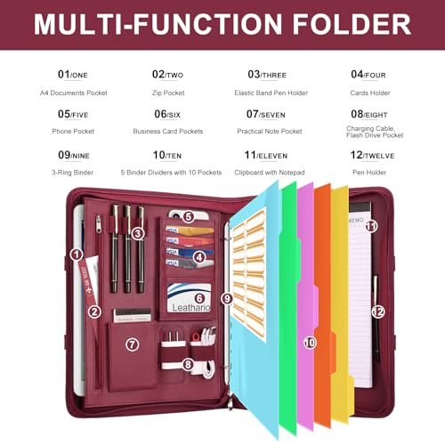 Image of Leathario Portfolio Binder, Includes 5 Folder Index Dividers, 13 Inch Tablets Organizer with Handle, Vegan Leather A4 Padfolio, Multi-Pocket Notepad Business Planner Professional Document