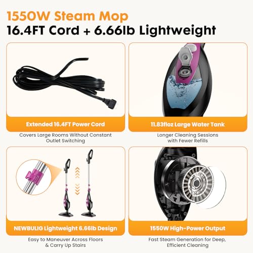 Image of NEWBULIG 14-in-1 Steam Mop, Powerful Detachable Handheld Steam Cleaner for Floor Cleaning with 2 Washable Pads, 16.4 FT Cord, Multi-Purpose Floor Steamer for Hardwood, Clothes, Carpet, Tile, Grout