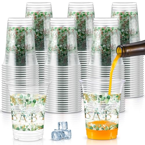 Jinei 60 Pcs Eucalyptus Baby Shower Supplies 16 oz Plastic Cups Bulk Sage Green Baby Shower Disposable Cups for Birthday Party Favors Gender Reveal Decorations