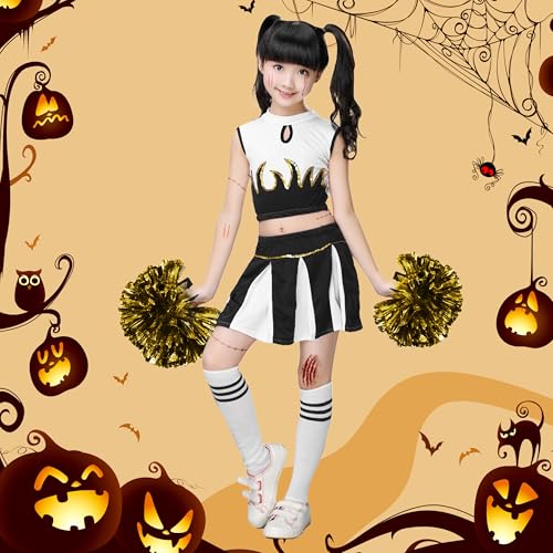 LOLANTA Girls Cheerleader Costume Cheerleading Children Dress Outfit Uniform with PomPoms(Black, 5-6 years, Tag Size 120) - Image 3