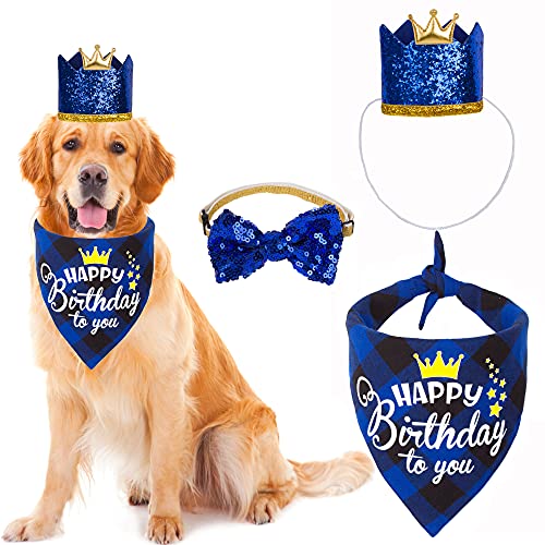 ADOGGYGO Dog Birthday Party Supplies, Dog Birthday Hat Bandana Scarf with Cute Bow Tie for Small Medium Pets