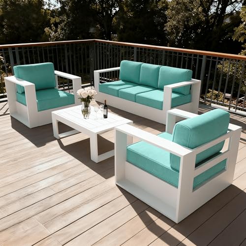 Image of LayinSun Oversized Aluminum Outdoor Furniture Set, 4 Piece Patio Sofa Sets with Coffee Table, Deep Seating and Upgraded 6-inch Cushions for Porch, Balcony, Deck