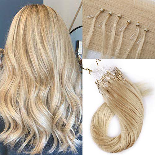 S-noilite 20Inch Loop Hair Extensions Human Hair Blonde Micro Bead Links 50g 50strands Remy Hairpieces Pre Bonded Tipped Microloop Brazilian Hair #613 Bleach Blonde
