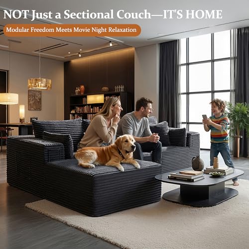 Image of 108 inch Oversized Cloud Sectional Couch, Comfort L Shaped Boneless Couch for Living Room, Extra Deep Seats No Assembly, Minimalist Modular Sofa, Corduroy (Dark Grey, 2 Seater+Left Facing Chaise)