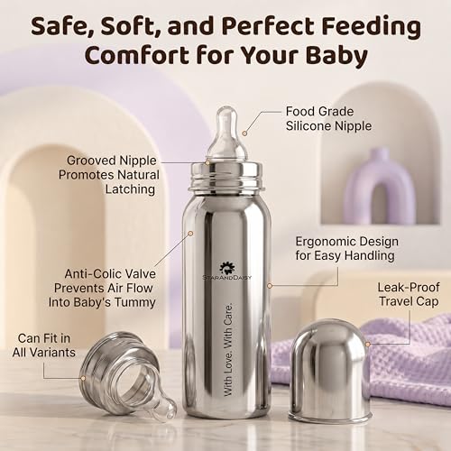 Image of StarAndDaisy Baby Milk Bottle for new Born /Infant /Toddler Pack of 3-200 ML SUS 304 Steel Baby Feeding Bottle for 0+ Months, BPA Free Leakproof Bottle, Anti Colic, Easy to Clean & Extra Nipple