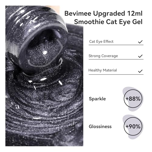 Bevimee Cat Eye Gel Polish - Black, Glitter Magnetic Nail Polish Moonlight, Cateye Polish With Magnet Stick Holographic Shimmer Cateye Effect, UV Velvet Gel Nail Art Manicure Salon DIY Home, 12ML
