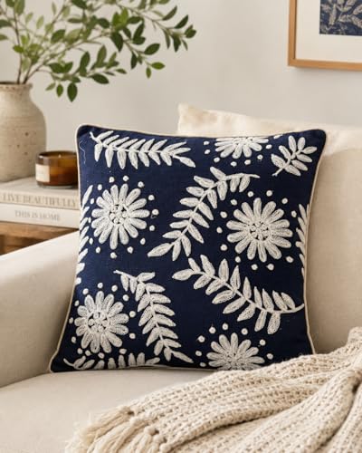 Image of Prista Hand Embroidered Cushion Covers Set of 2 | 16x16 Inch Scattered Daisy Design | Slub Cotton Boho Sofa Covers | Hidden Zipper | Living Room Bedroom Decor (40cm x 40cm)