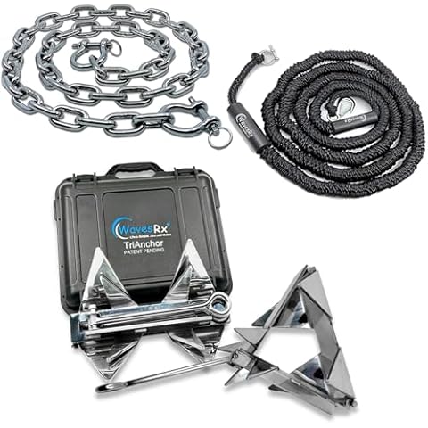 WAVESRX 12lb TriAnchor - Stainless Steel Folding Anchor with 14ft AnchorMate Bungee Line (14'-50') | Effortless Anchoring for Jet Skis, Dinghies & Skiff Boats | Unique Folding Design with Storage Case Cover
