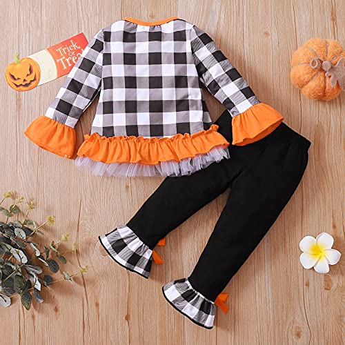 1-6T Toddler Girl Halloween Clothes Set Plaid Pumpkin T-Shirts Tees Pullover Shirts Tops+Flare Pants Outfit Set2