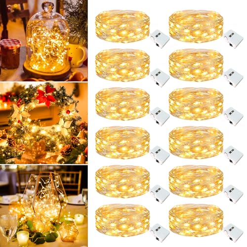 Image of 12 Pack Fairy Lights Battery Operated - 7ft 20 Led Twinkle Lights 3 Modes, Bulk Mini String Lights Waterproof for Mason Jars Vases DIY Party Wedding Decoration Christmas -Warm White