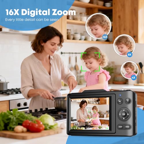 Image of Digital Camera, Autofocus 4K Point and Shoot Digital Cameras with 16X Zoom Anti Shake, 48 MP Cameras for Photography with 64GB Card, Compact Portable Small Camera for Kids Girls Boys Beginners, Black