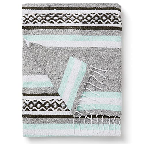 Teal and Gray Mexican Blanket by Laguna Beach Textile Co - Beach, Yoga, Camping, or Decorative Throw Blanket - Traditional Handmade Serape - Gray Sage