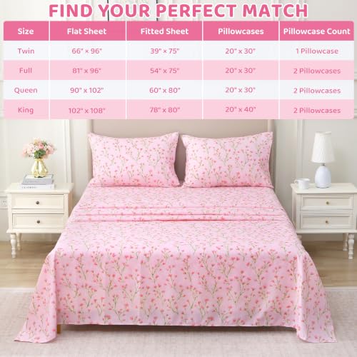 Image of Mooreeke Cozy Floral Microfiber Printed Full Sheet Set - Soft & Breathable Pink Flowers Bed Sheets with Deep Pocket - Non-Slip Fitted Design - Pink Flowers with Green Branches Pattern - Full