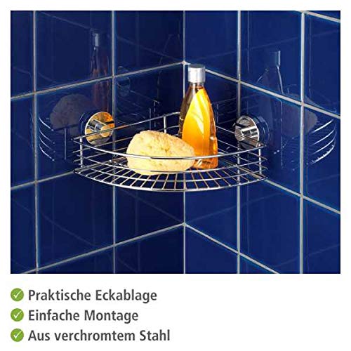 WENKO Vacuum-Loc Eckablage Mod. Bari Wandregal ohne bohren praktische Vakuum-Befestigung verchromtes Metall für Badezimmer und Küche 35 x 9 x 22,5 cm