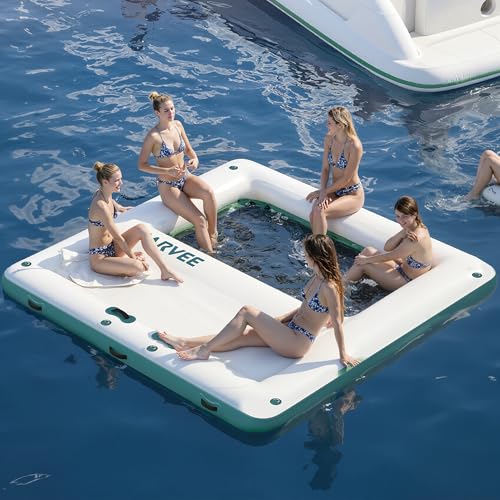 Garvee 10x10FT Inflatable Floating Dock,Square Inflatable Dock Floating Platform with Mesh Swim Area,Non-Slip EVA Platform and Rope Ladder,Floating Dock Island Raft for Boats,Pool,Lake,Beach,Ocean