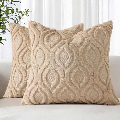 Image of decorUhome Fall Throw Pillow Covers 16x16 Inch Set of 2, Soft Plush Faux Wool Light Khaki Solid Couch Pillow Covers, Accent Farmhouse Neutral Square Pillow Cases for Sofa Bed Living Room