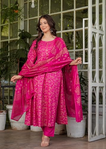 Image of PARTHVI Women's Printed Cotton Anarkali Kurta & Pant With Dupatta Set