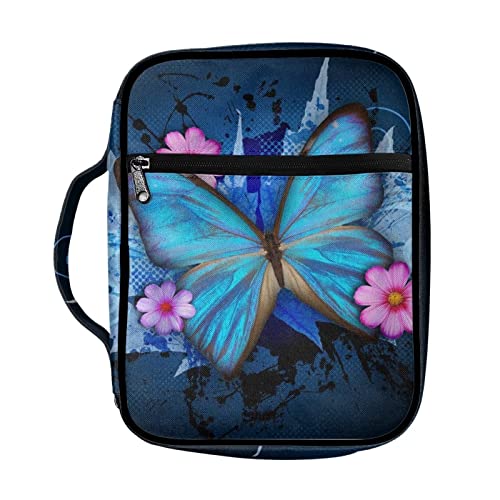 SEANATIVE Bibelhüllen für Frauen, blauer Schmetterling, Blumendruck, Polyester, Bibeltasche, Buchtragetasche, mit Taschen, Reißverschluss, Kirchentasche Cover